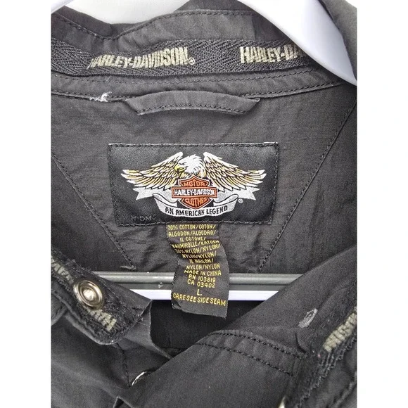 Harley Davidson Mens Large Black Orange Snap Front Utility Performance Shirt L - Picture 6 of 9